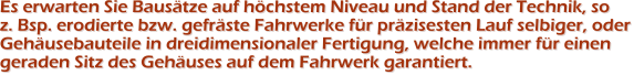 Es erwarten Sie Bausätze auf höchstem Niveau und Stand der Technik, soz. Bsp. erodierte bzw. gefräste Fahrwerke für präzisesten Lauf selbiger, oderGehäusebauteile in dreidimensionaler Fertigung, welche immer für einen geraden Sitz des Gehäuses auf dem Fahrwerk garantiert. Es erwarten Sie Bausätze auf höchstem Niveau und Stand der Technik, soz. Bsp. erodierte bzw. gefräste Fahrwerke für präzisesten Lauf selbiger, oderGehäusebauteile in dreidimensionaler Fertigung, welche immer für einen geraden Sitz des Gehäuses auf dem Fahrwerk garantiert.